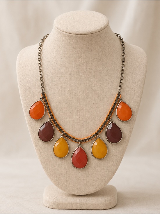 Jewelry - Boho Statement Teardrop Necklace | Orange Mustard Burgundy Gemstone